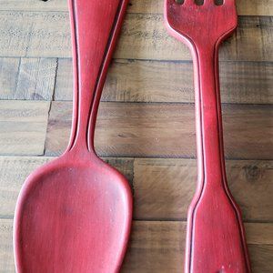 Large Red Wooden Fork and Spoon Kitchen Decor
